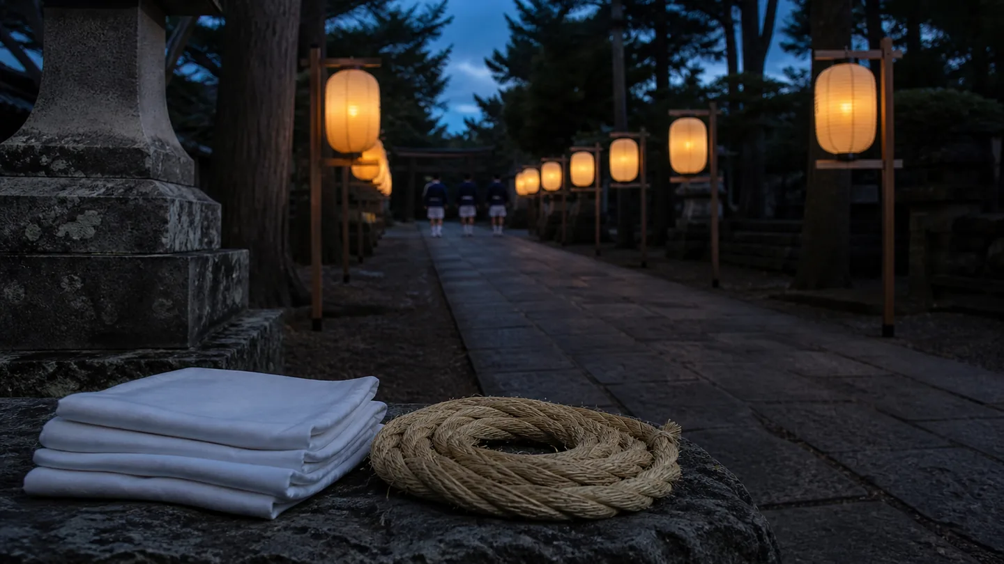 夕暮れの社への石畳に八つの提灯が連なり、手前に白布と注連縄を置いた、見付天神裸祭の準備と八日間の流れを表す生成イメージ