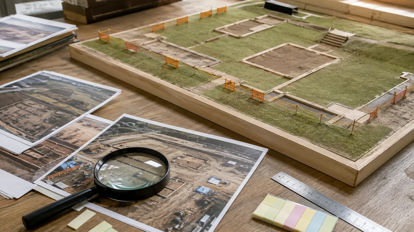 史跡公園の基壇と園路を模した机上模型に工事写真風の資料、虫眼鏡、定規を並べ、工事の進み方を読み取る様子を表した生成イメージ