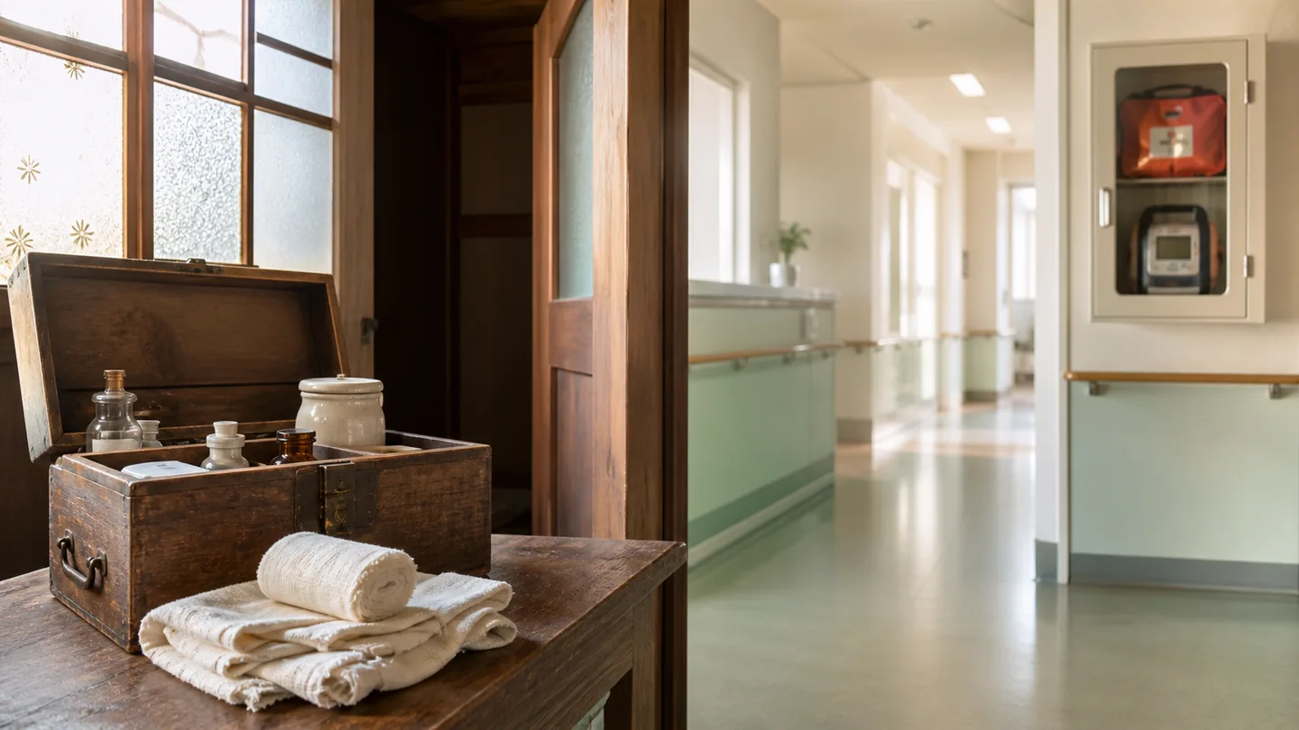 古い木製の薬箱と包帯を手前に置き、その先へ現代的な病院の廊下と救急用具の収納箱が続き、磐田の治療と予防の歩みを象徴する生成イメージ