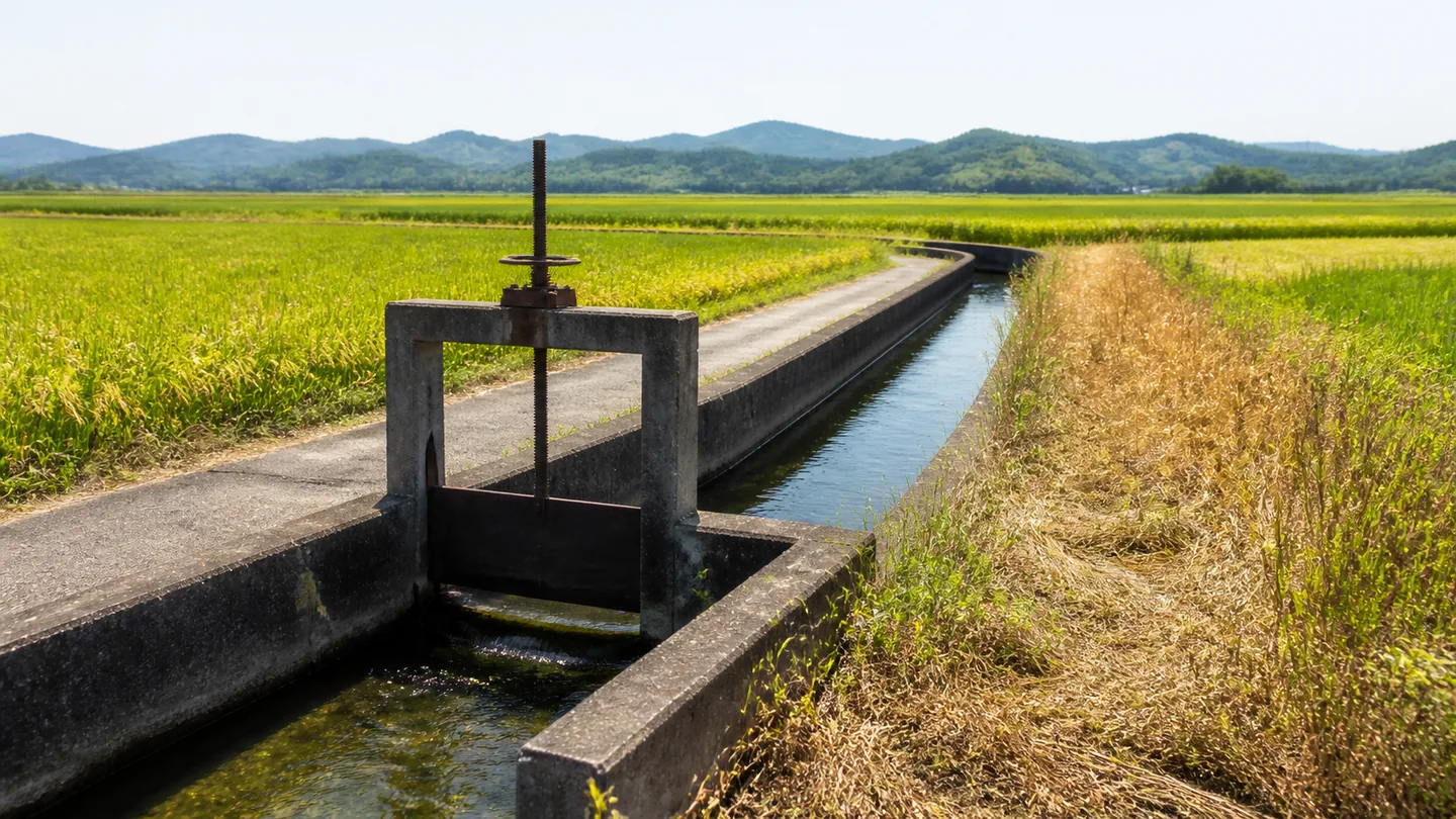 晩夏の農地を通る水量の控えめなコンクリート用水路と水門を横長に描き、磐田の取水制限と用水の役割を表した生成イメージ