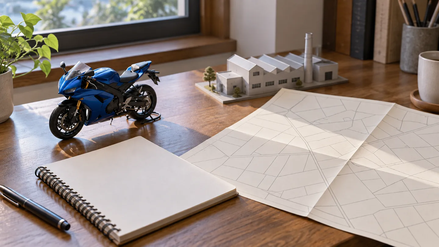 青い二輪車模型と工場模型、文字のない区画図とノートを机上に並べ、車両展示から工場と土地の記録へ関心を広げる読み方を表した写真調のイメージ