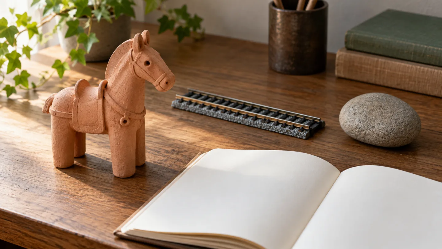 土で作った馬の創作品、短い模型のレール、無銘の石と白紙のノートを机上に配し、埴輪・鉄路・供養の本編を読み比べる入口を表した写真調のイメージ