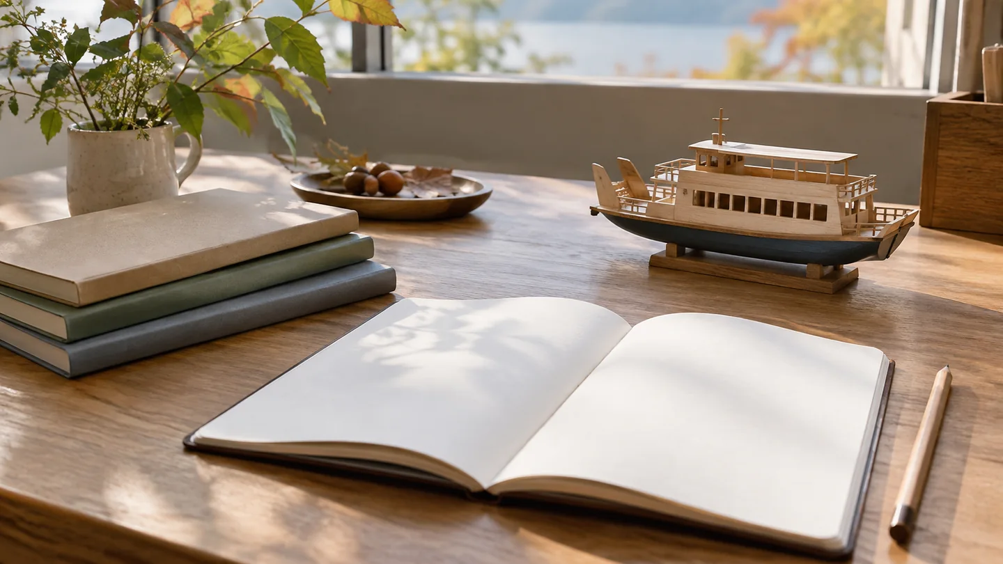 秋の光が入る木の机に冊子3冊、白紙のノートと鉛筆、木製の船模型を置き、船賃・宿・渡河の問いを用意する見学準備を表したイメージ