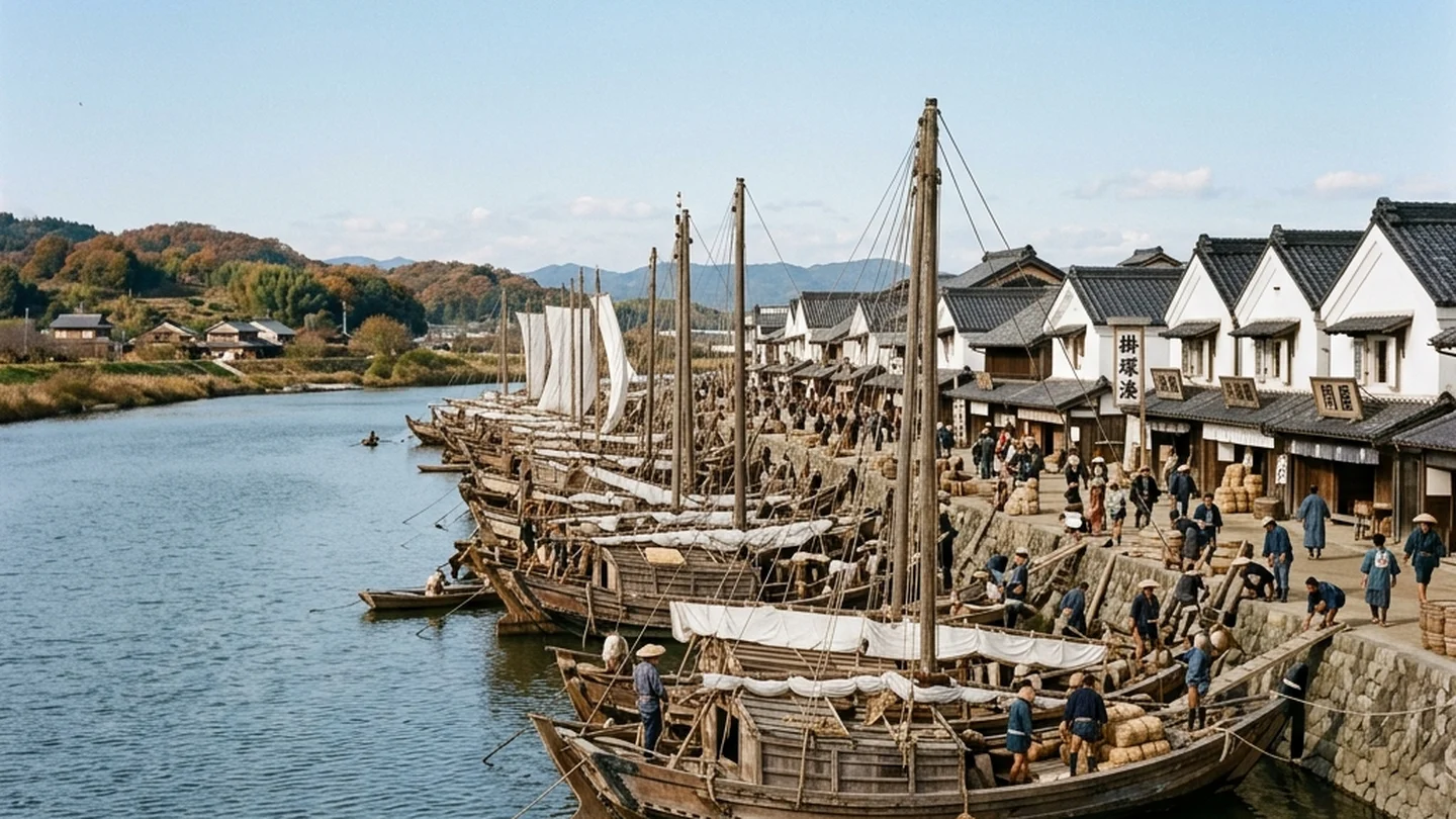 天竜川河口の掛塚湊に係留される千石船と廻船問屋の白壁土蔵が並ぶ歴史的湊町の風景