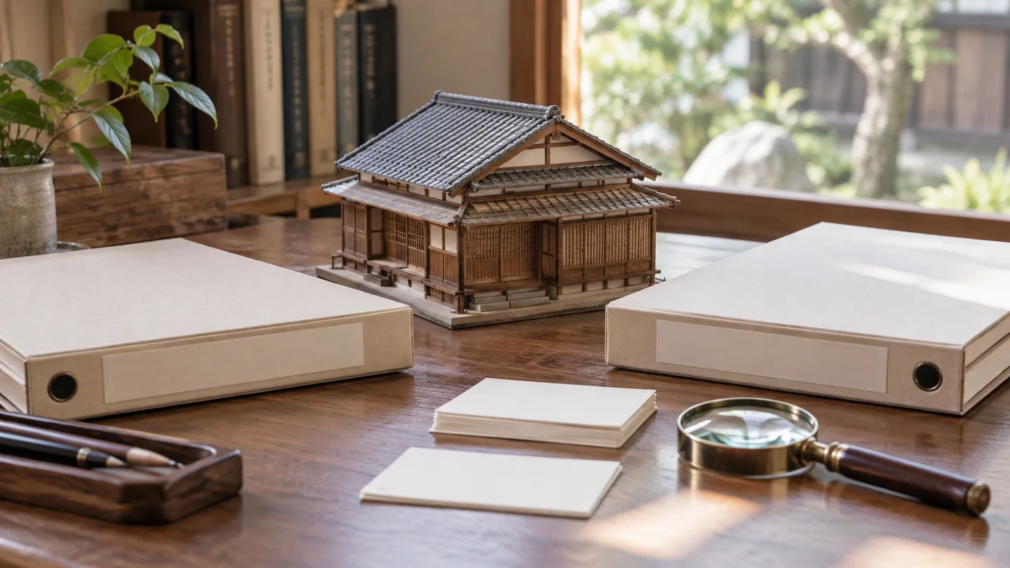 木の机に置いた日本家屋の模型と同じ大きさの資料ファイル2冊。文化財の指定と登録を保護の仕組みとして読み比べることを表した写真調イメージ