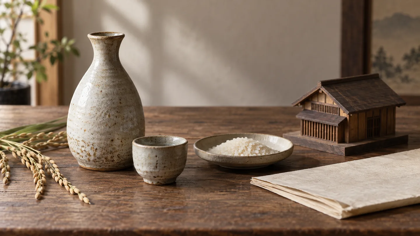 木の机に並ぶ無地の徳利と盃、米、白紙の資料と家屋の模型。磐田の酒を商い・屋敷・供え物の記録から読み分ける記事専用の写真調イメージ