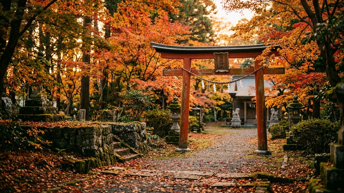 秋の木立に囲まれた鳥居と礎石が続く境内の生成イメージ。府八幡宮と遠江国分寺跡の歴史散策を表す