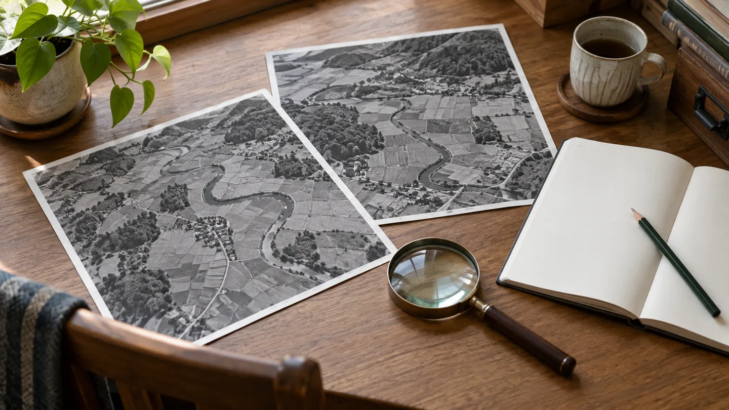 架空の土地を写した航空写真風のプリントを虫眼鏡と白紙のノートに並べ、写真の確認と撮影記録の整理を表した机上のイメージ