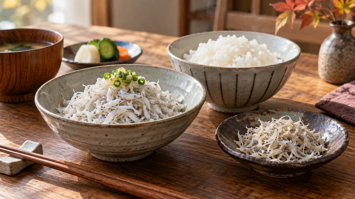 秋の光が入る架空の食卓に、釜揚げシラスの小鉢、ご飯、しらす干しの皿を並べ、加工と食べ方の違いを考えるイメージ