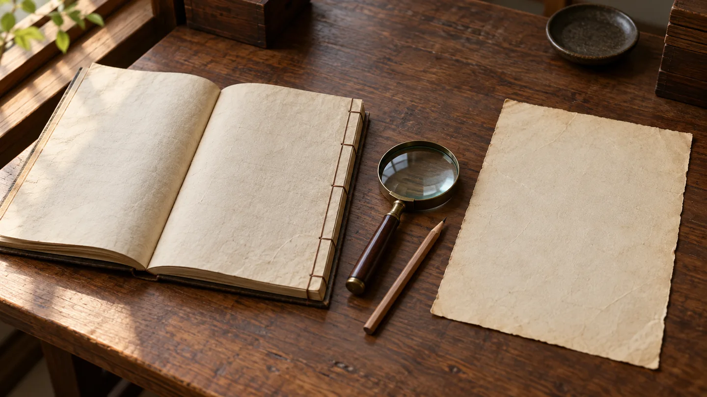 検地帳と地券の形の違いを考えるため、架空の読書机に無記入の和綴じ帳面と一枚の紙、虫眼鏡を並べたイメージ