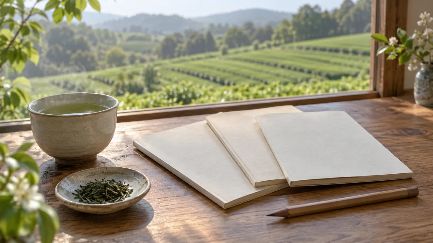 木の机に緑茶の湯飲みと茶葉、無地の冊子3冊、鉛筆を置き、窓の向こうに架空の茶畑をぼかして配した写真調イメージ。身近なお茶から産地の記録を読み比べる場面を表す