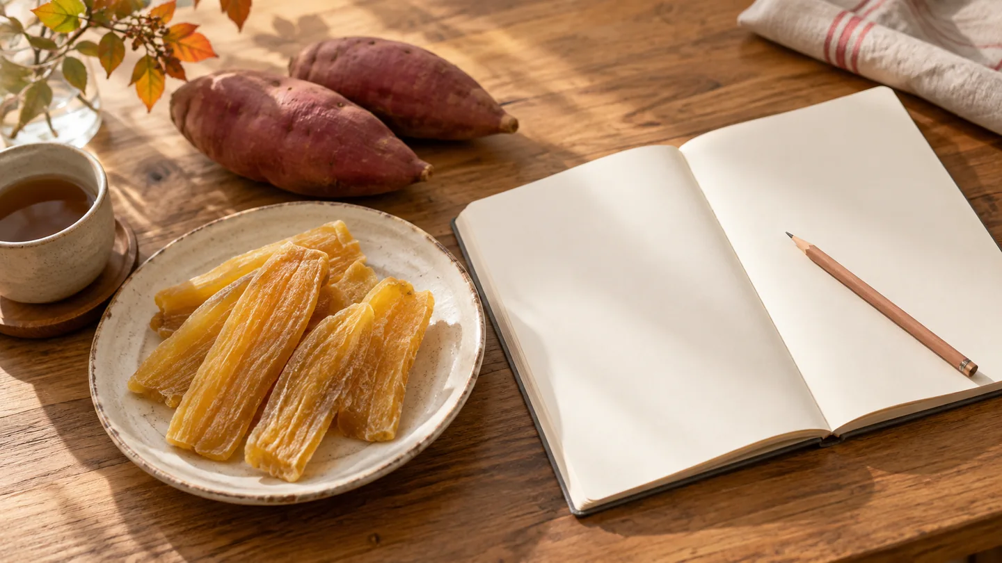 皿に載せた干し芋とさつまいも、白紙のノートを並べ、食べ物から商いの記録を読む入口を表したイメージ