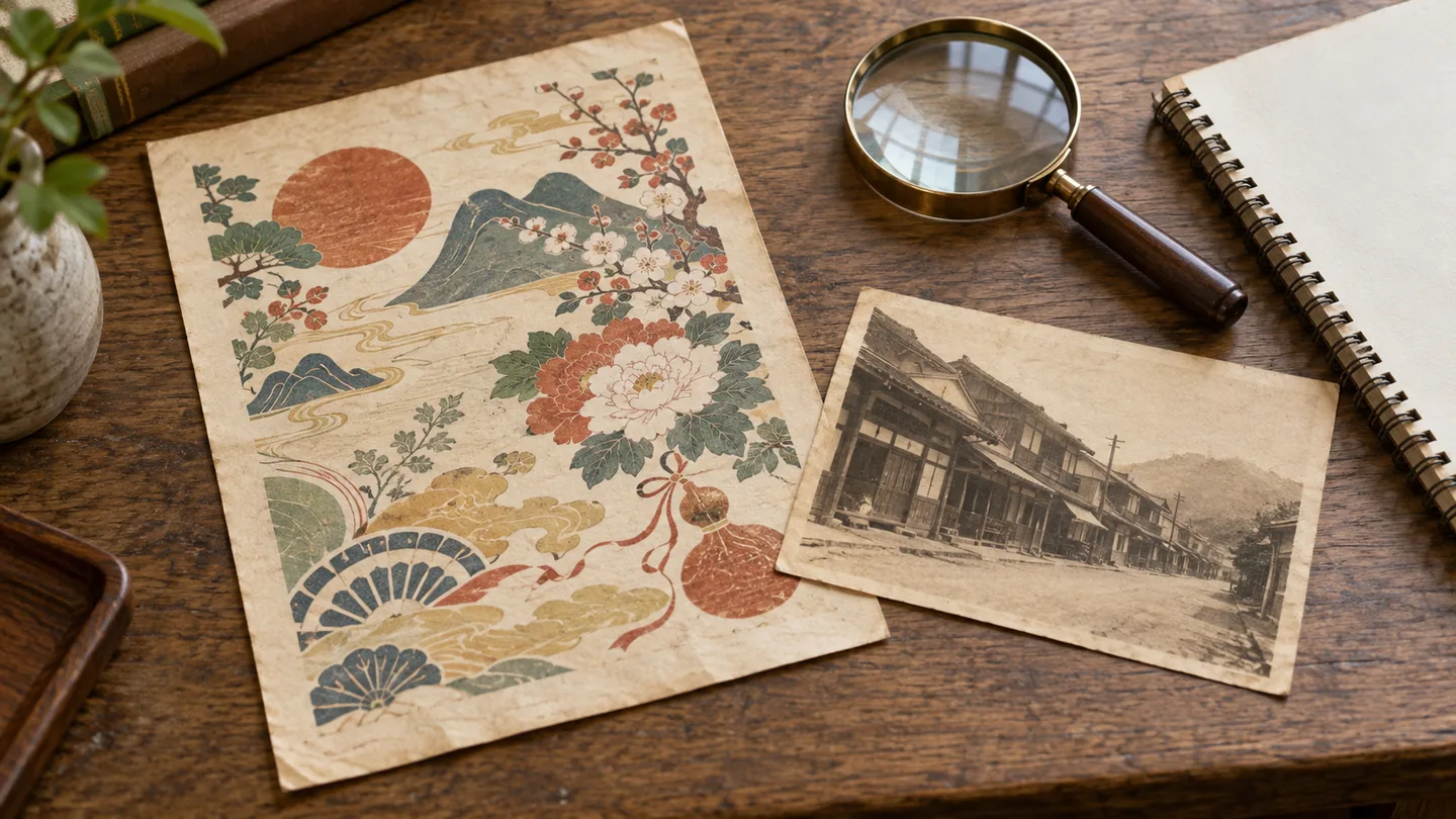 彩色の図柄を持つ架空の広告紙と、特定の場所を示さない町並みの架空の絵葉書を机に並べ、引札と写真資料の読み比べを表したイメージ