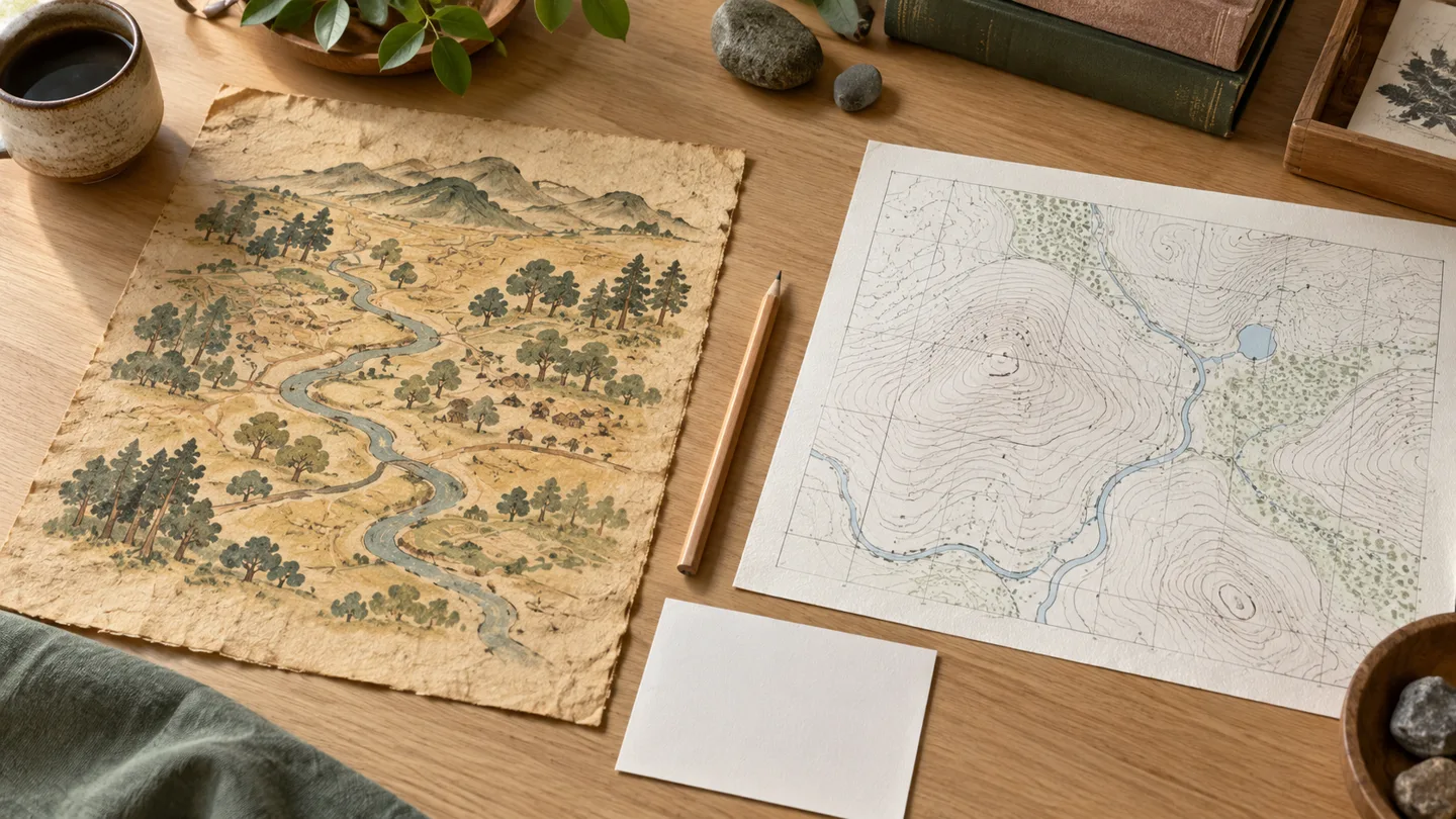 木の机に、林や川を描いた架空の絵図風の紙と、等高線を描いた地形図風の紙を並べ、目的の違いを読み比べるイメージ