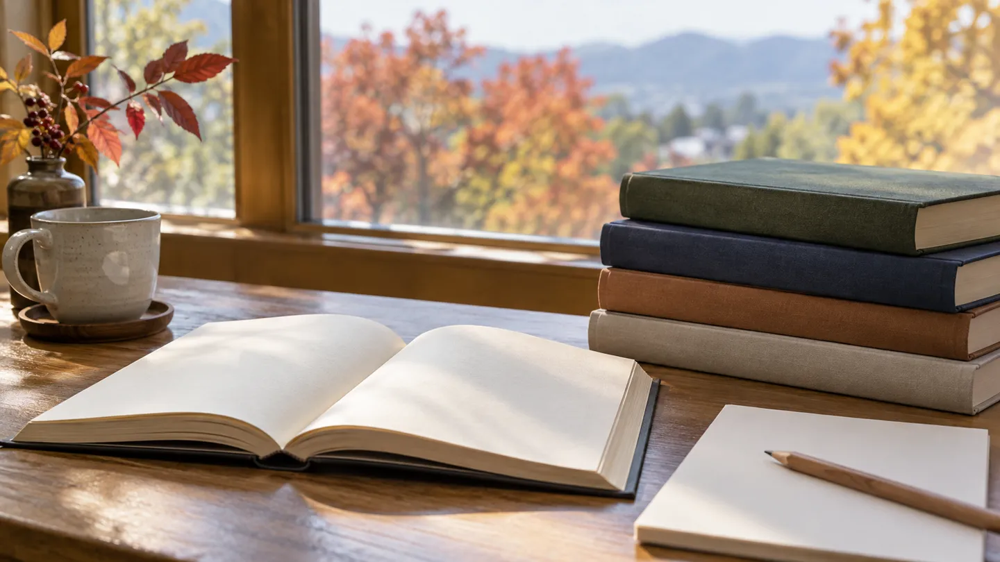 秋の光が入る架空の読書机に無地の参考書と白いメモ用紙を置き、磐田の文化財を読む資料を探すイメージ