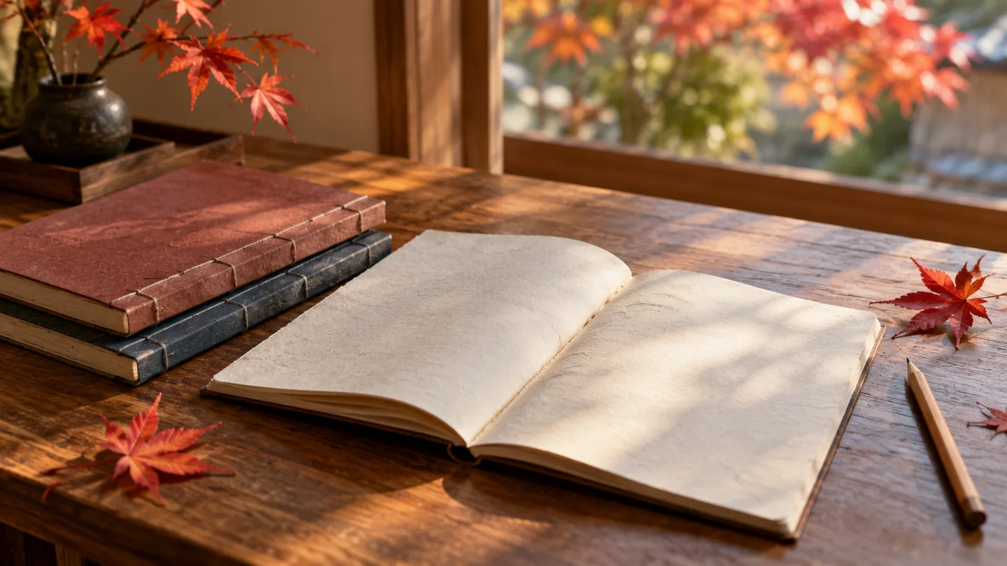 秋の読書机に無地の冊子2冊と白紙のノートを置き、磐田の俳諧を扱う本編を読む時間を表した生成イメージ