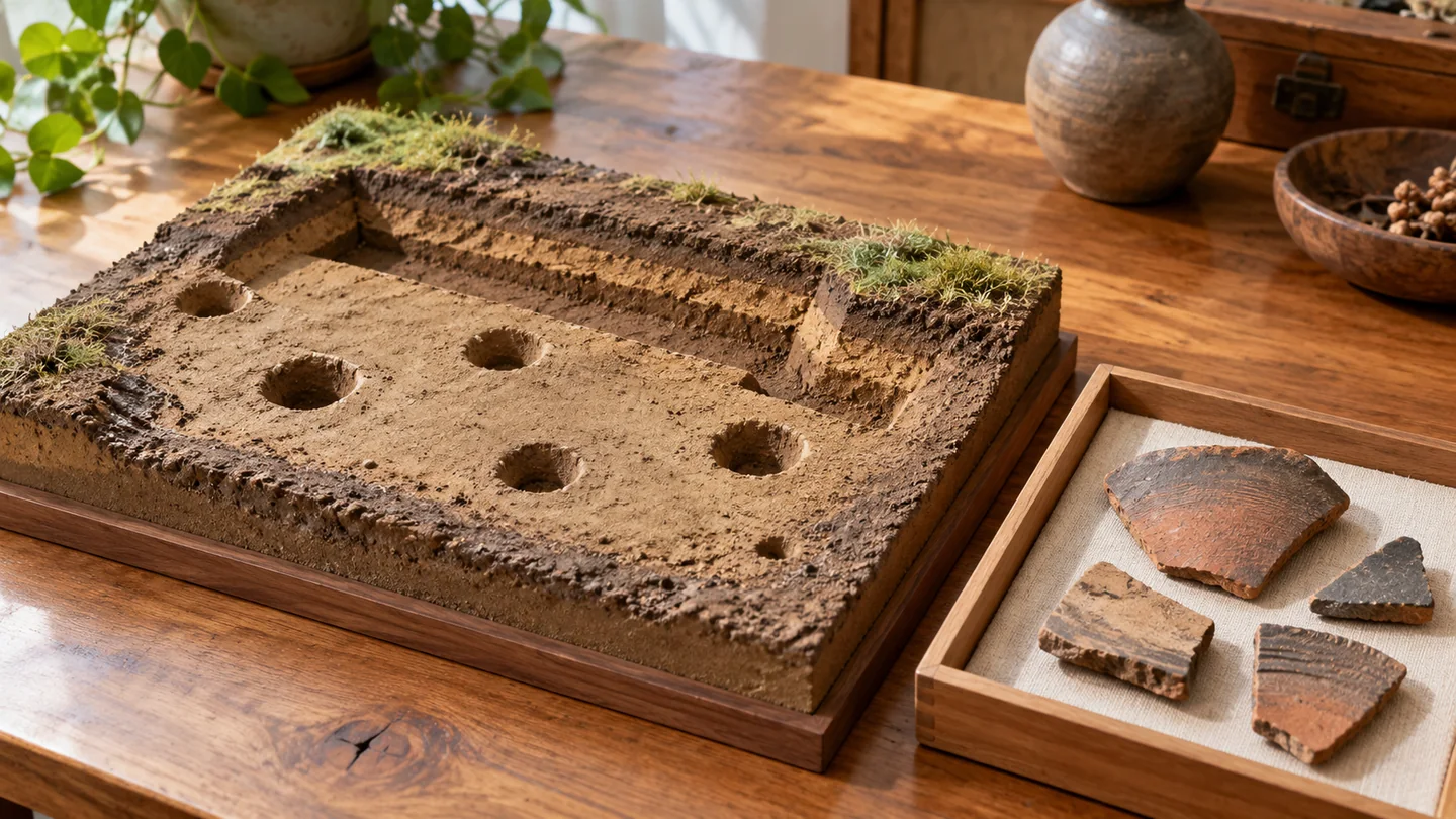 遺構と遺物の違いを考えるため、溝や柱穴を表した机上の模型と陶片のレプリカを別々に並べたイメージ