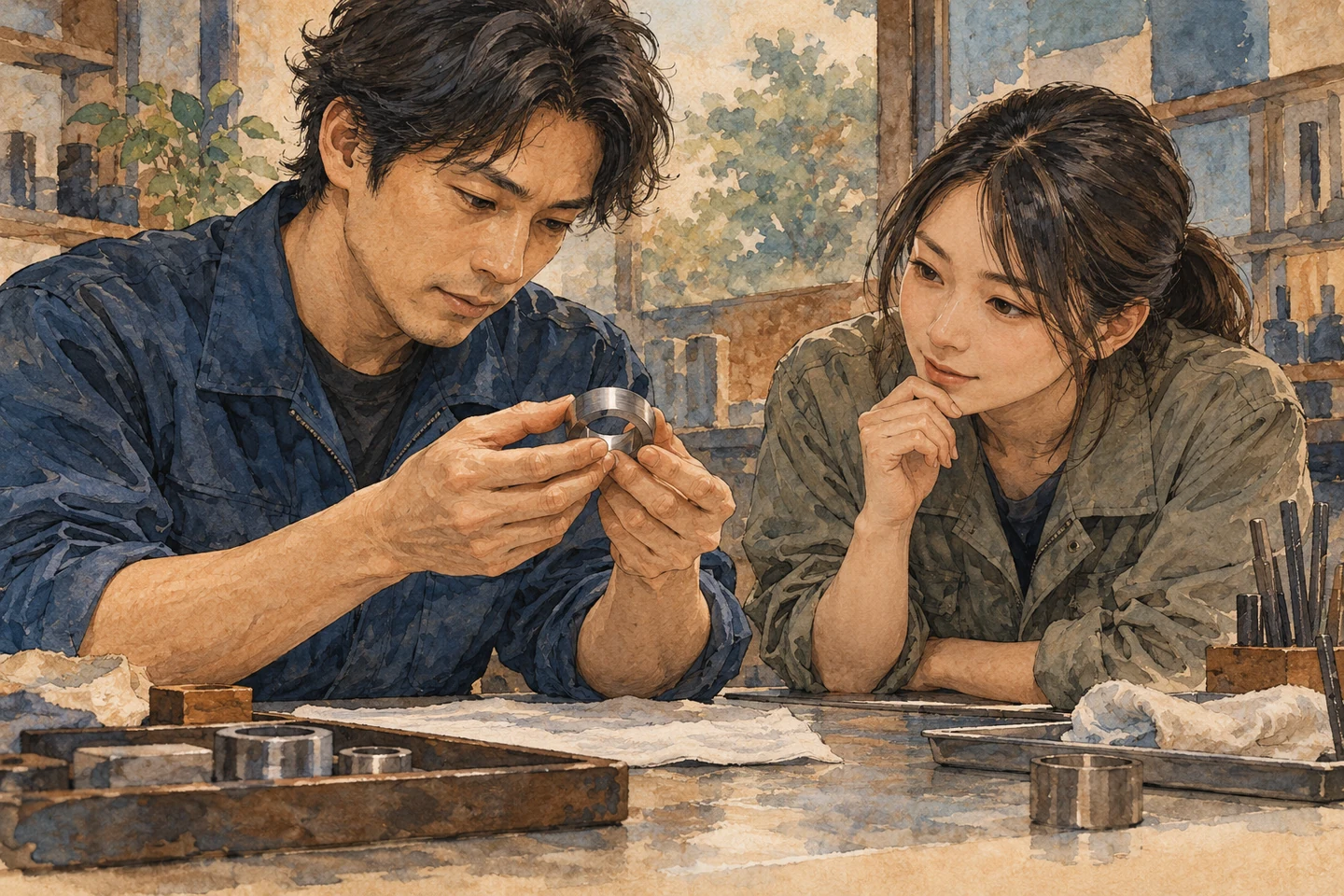 部品の仕上がりを確認する手と、その出来を伝え合う二人。