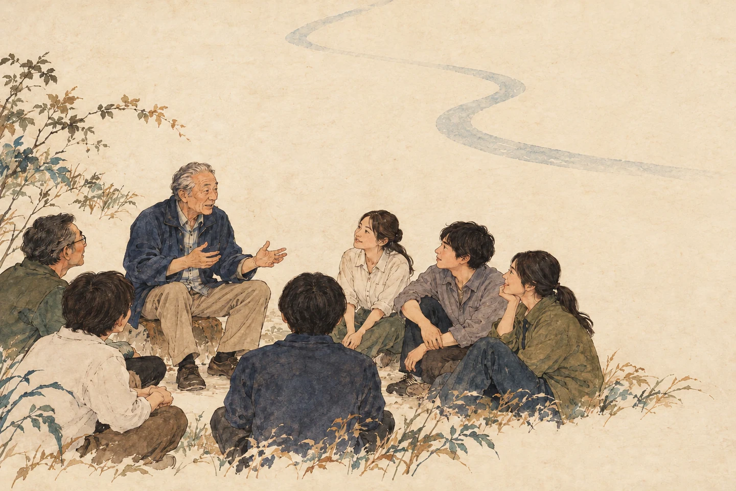 「福田の昔ばなしと語りの文化」を語る人と聞き手の間に、本文に出る道・水・草木の一要素を薄い別景として置く。