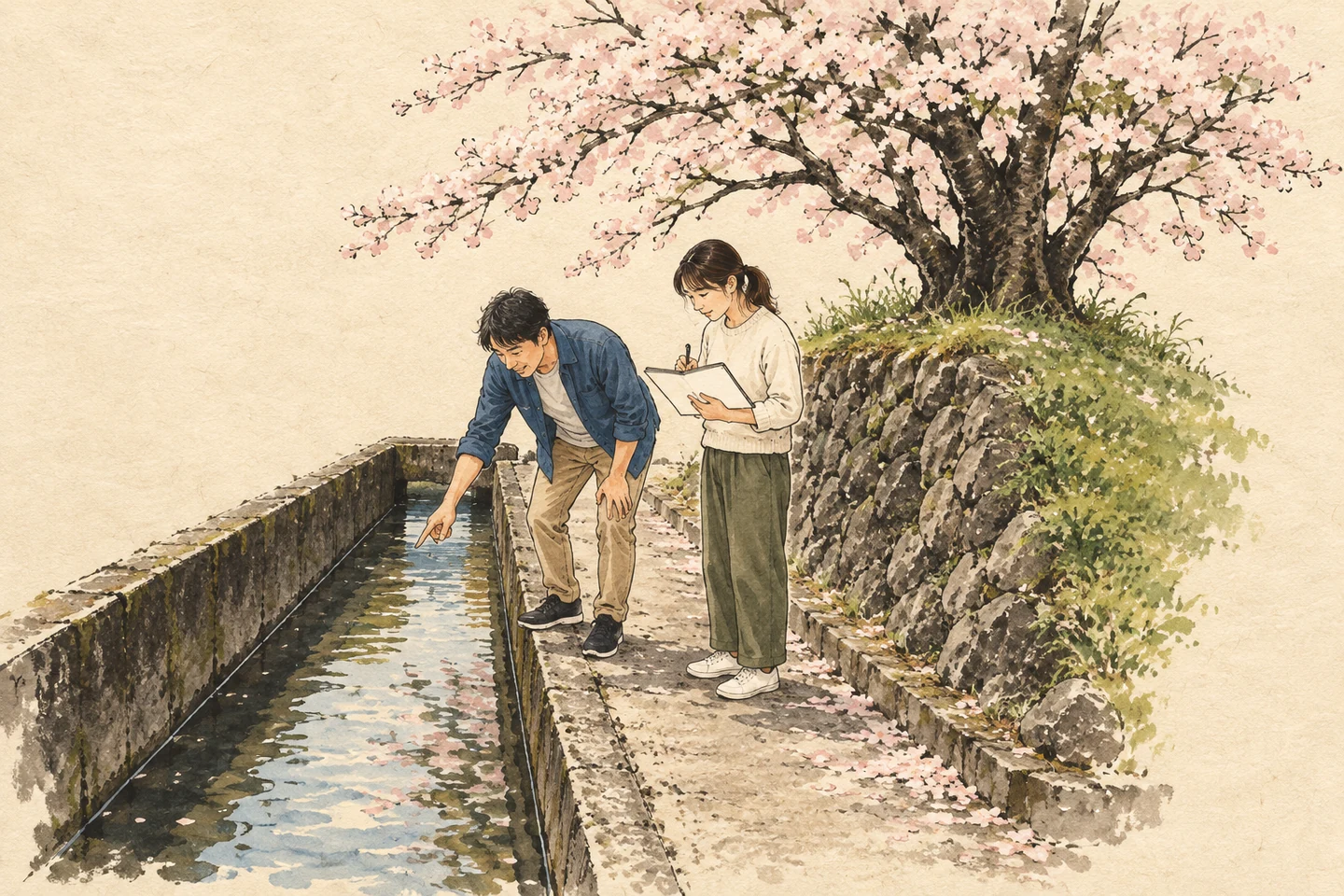 現在の寺谷用水の水路脇で、水の流れを見てノートに記録する二人。