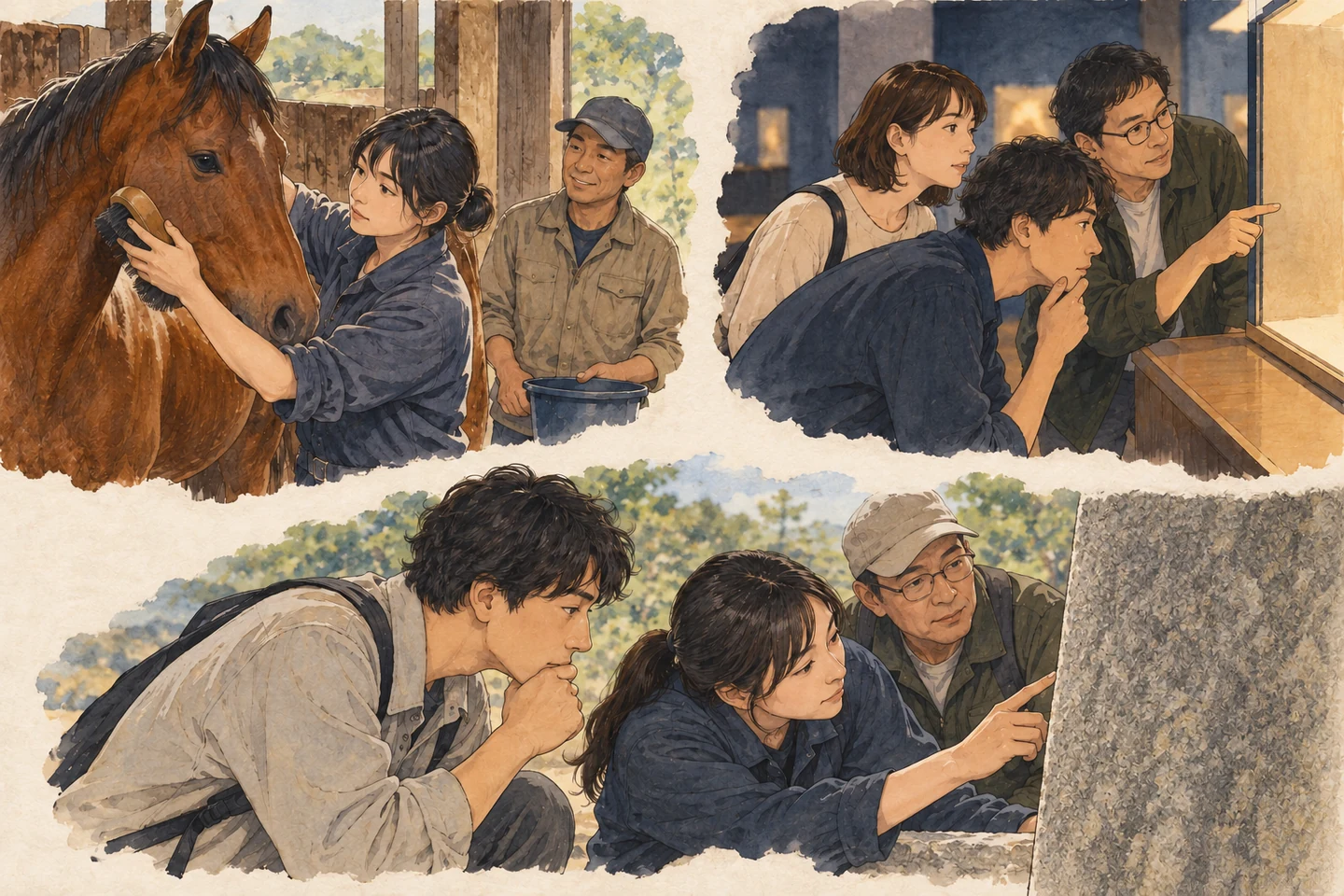 馬の世話をする人、展示ケースをのぞく人、石の縁と閉じたノートを確かめる人を、余白で区切った2026年の三つの創作場面。