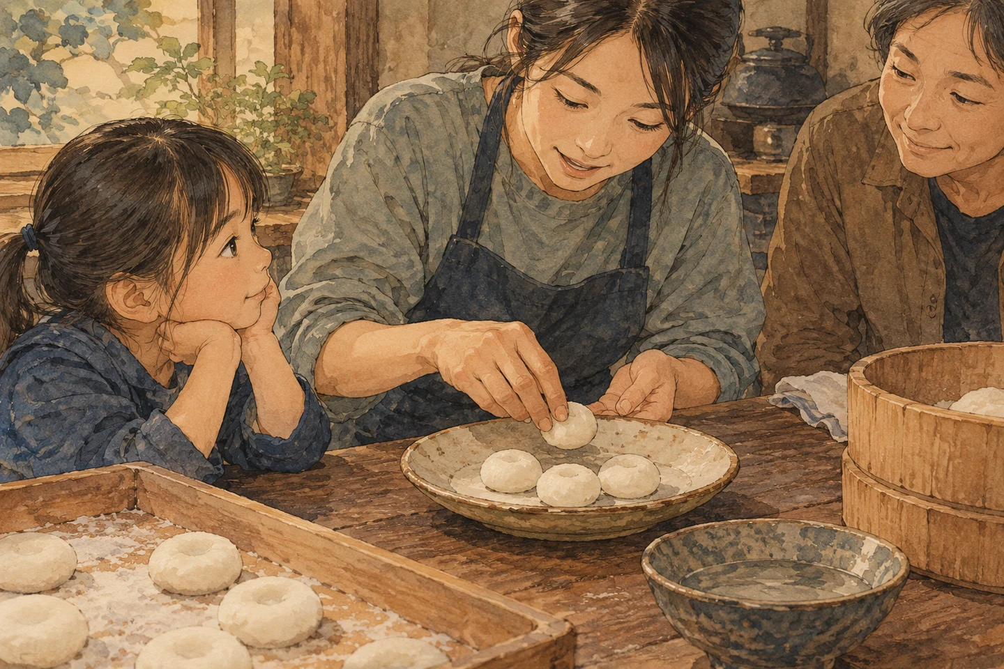 団子を器へ並べる手と、話を聞く子どもの横顔。