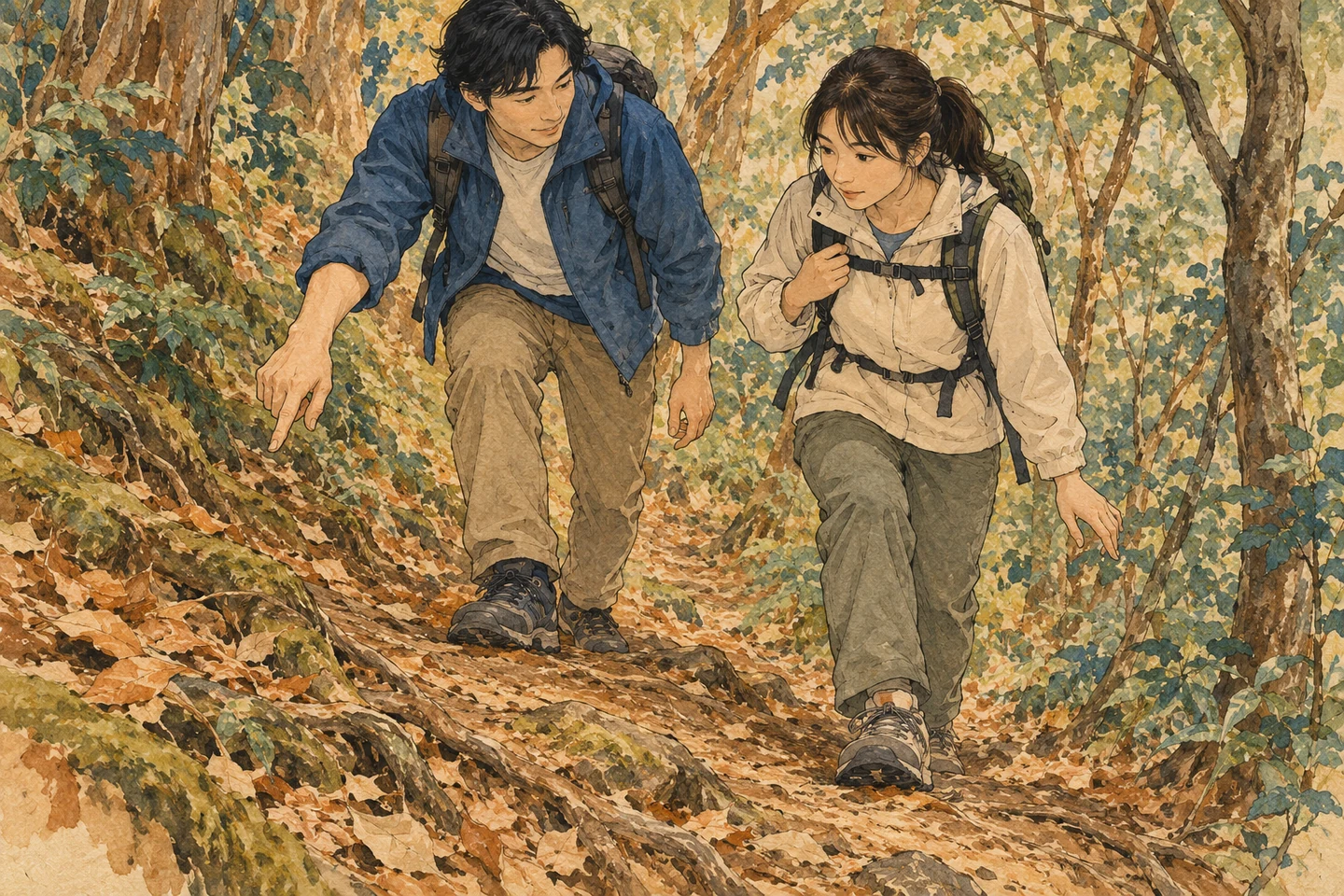 山道の足元を確かめながら連れ立って歩く二人。