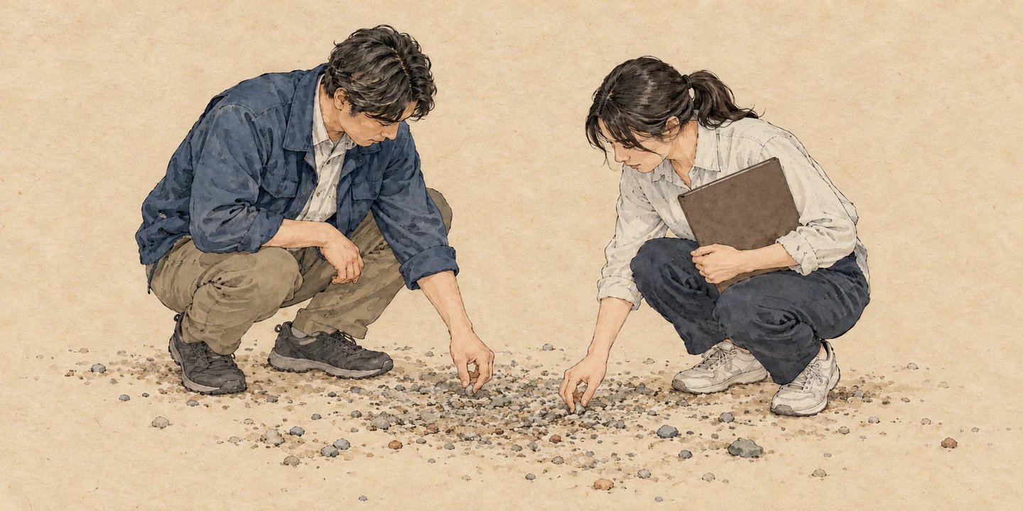 二人の現代学習者が匿名の砂利地を観察し、一人が閉じた無地の記録冊子を携える。