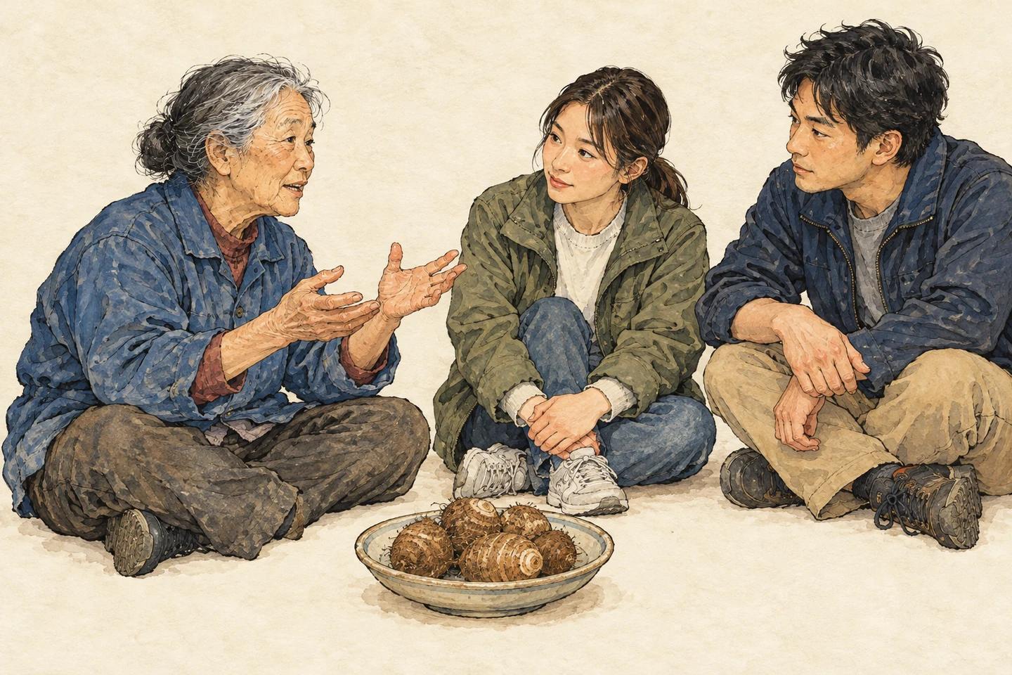 「向笠の年中行事」を語る年長者と聞く人を中心にし、本文にある季節の食材・稲・道具のうち一つを手前へ置く。