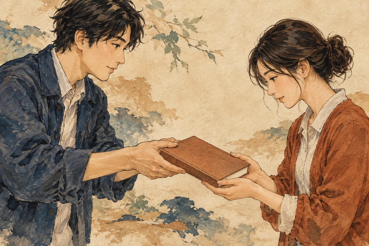 一冊を差し出す人と、受け取って表紙を支える人を描く。
