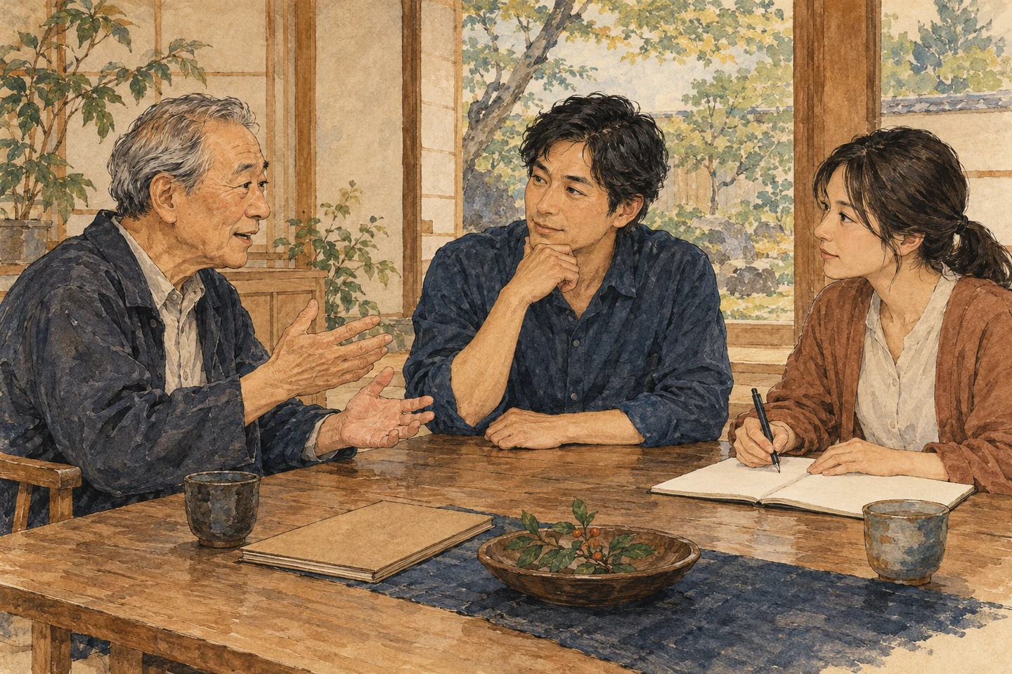 家族が同じ高さで向き合い、一人が話し、一人が聴き、一人が書き留める。