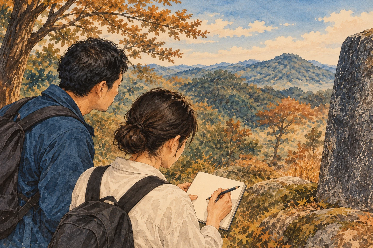 「卵塔墓が語る260年」の前に立つ二人の後ろ姿と、文字を読み取ろうとする手元を分けて描く。