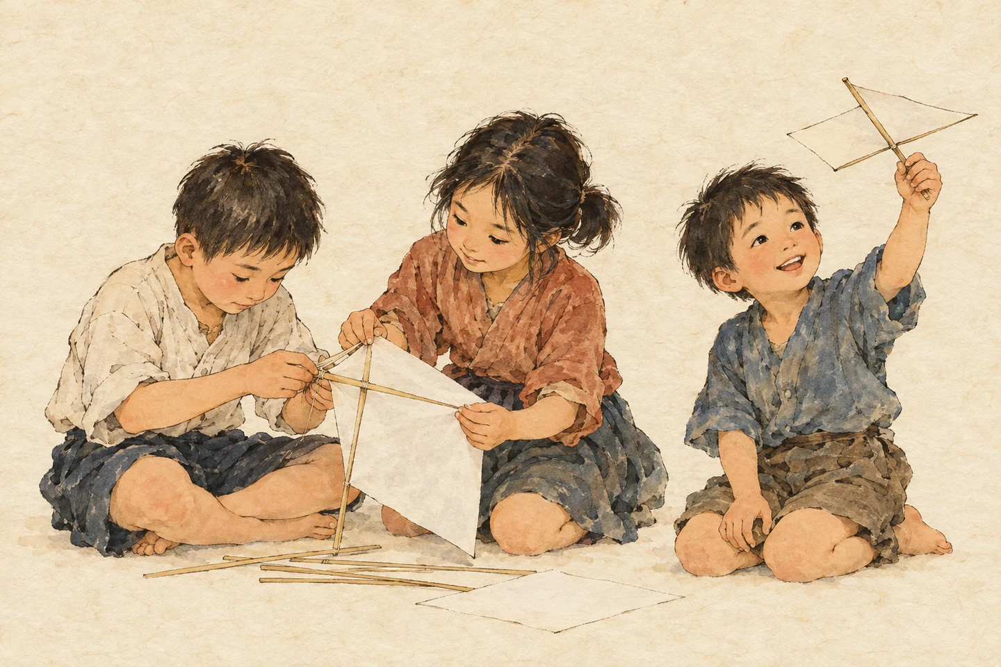 竹と紙を手で組み合わせ、作った玩具を仲間へ見せる子どもたち。