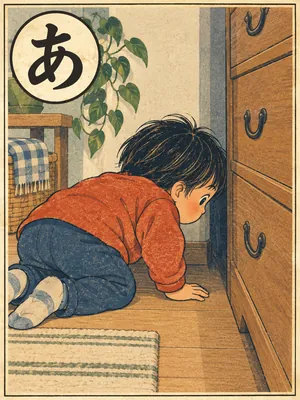 たんすと壁の間を探す子どもの絵札