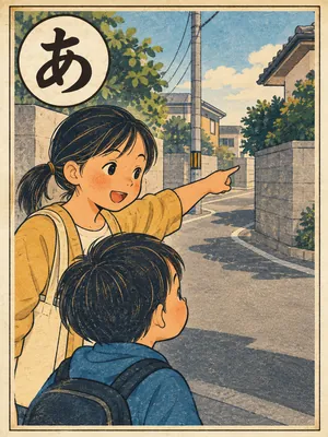 遠州弁かるた「あっこ」の絵札：道の先の角を指さして道案内をする人