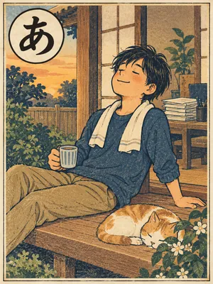 遠州弁かるた「あんき」の絵札：仕事を片付けて、縁側でくつろぐ人