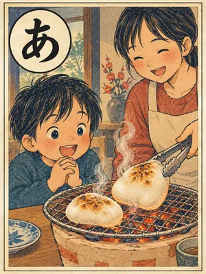 遠州弁かるた「あんも」の絵札：網の上でふくらんで焼けた餅