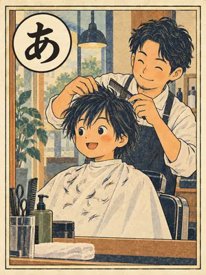 遠州弁かるた「頭を切る」の絵札：床屋の椅子で髪を切ってもらう人（頭そのものを切る絵にはしない）