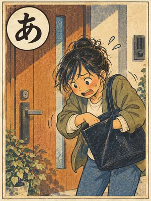 遠州弁かるた「あわくい」の絵札：玄関で鍵を忘れたことに気づいて慌てる人