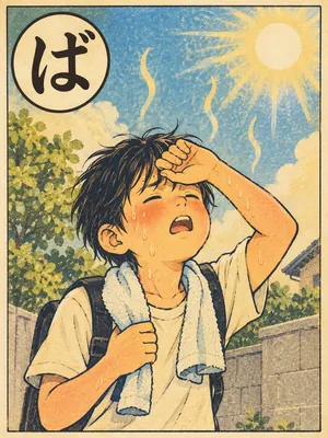 遠州弁かるた「ばか」の絵札：照りつける日差しにうだる人