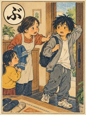 遠州弁かるた「ぶしょったい」の絵札：だらしない格好で出かけようとする人と、それを止める家族