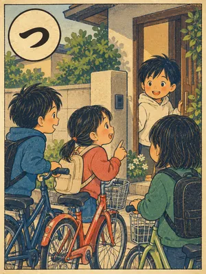 遠州弁かるた「っち」の絵札：友だちの家の前に自転車で集まる子どもたち