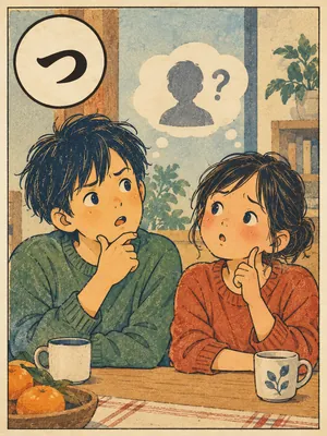 遠州弁かるた「っちゅう」の絵札：人の名前を思い出そうと首をかしげる二人