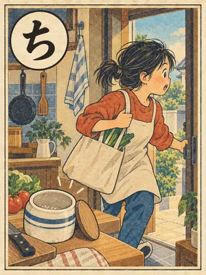 遠州弁かるた「ちゃっと」の絵札：塩が切れた台所から、急いで買い物に出る人