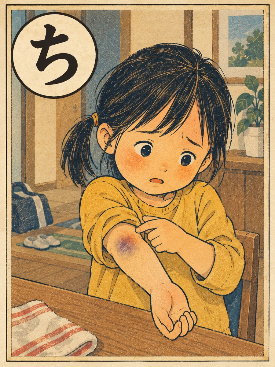 ぶつけた腕を見せる場面の絵札