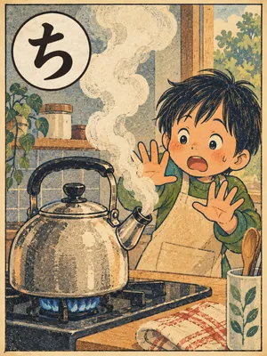 遠州弁かるた「ちんちん」の絵札：湯気を上げて沸き立つやかん