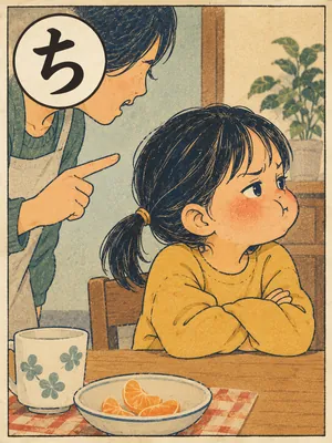 遠州弁かるた「ちんぷりかえる」の絵札：小言を言われ、ほおをふくらませてそっぽを向く子ども