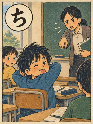 遠州弁かるた「ちょびちょびする」の絵札：授業中にふざけて、先生に注意される子ども