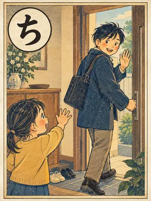 遠州弁かるた「ちょっくら」の絵札：玄関で声をかけて、ちょっと出かける人