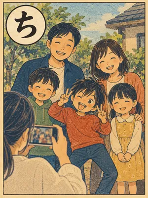 遠州弁かるた「ちょうける」の絵札：記念写真で一人だけおどけたポーズをとる子ども